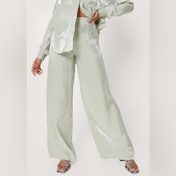 NASTY GAL WIDE LEG GREEN TROUSERS Satin Shimmer Wide Leg Pants - Picture 6 of 8